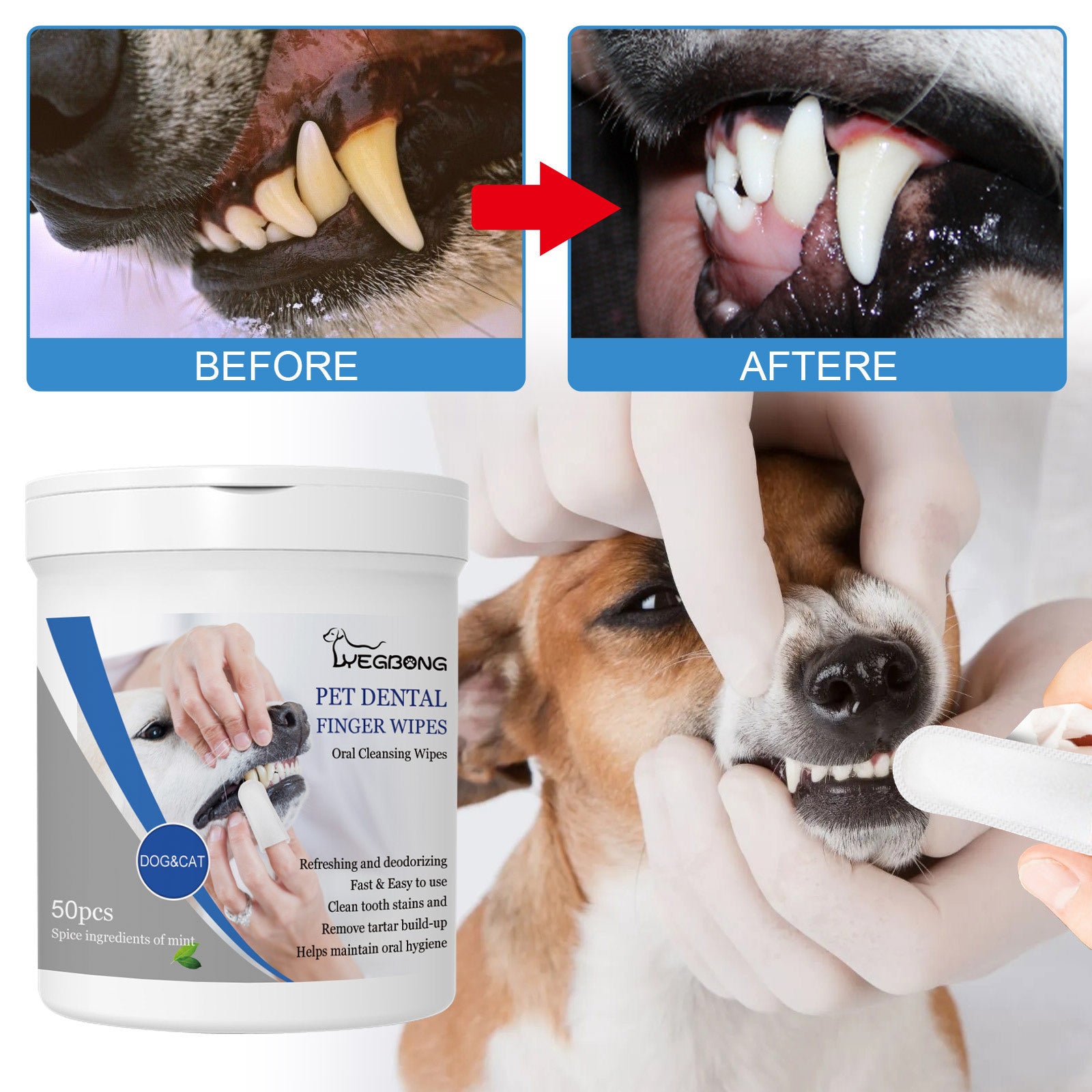 Lingettes Doigtier pour Dents Chien Chat - Hygiène Bucco-Dentaire